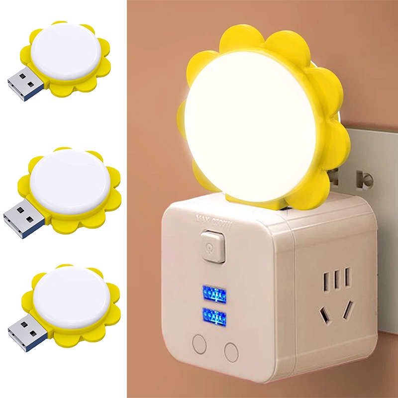 Lucu Mini Kartun Bentuk Bunga Matahari Lampu Malam Lampu Samping Tempat Tidur USB Ponsel Power Charge Night Light Portable Untuk Kamar Tidur Ruang Tamu Pencahayaan Lembut Perlindungan Mata LED Kreatif