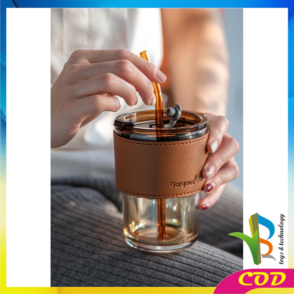 RB-C742 Tumbler Minum Aesthetic Gelas Minum Transparan 400ML dengan Sedotan / Bottle Cup Cangkir Kaca Anti Panas