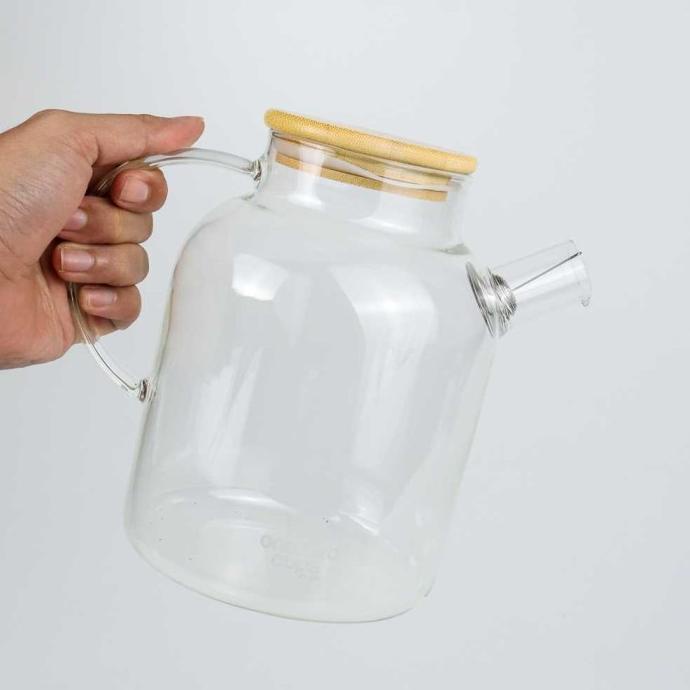 Tea Pot Unik Teko Pitcher Kaca Teh Kopi Tahan Panas Tutup Kayu Estetik