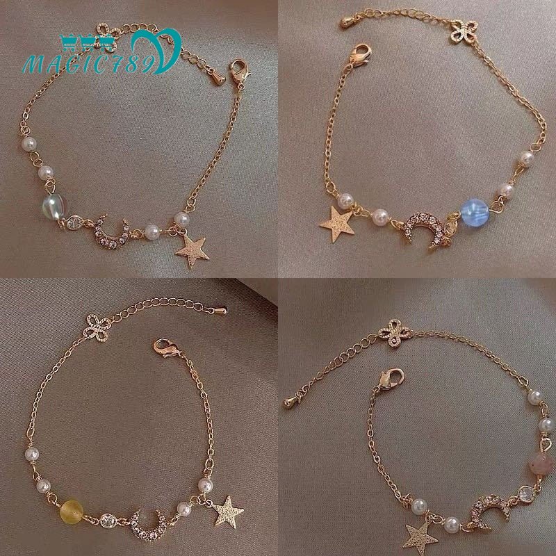 Papaozhu Korea Mutiara Manik-Manik Kristal Planet Bintang Bulan Gelang Untuk Wanita Gadis Langit Berbintang Pesona Pergelangan Tangan Rantai Gelang Fashion Perhiasan