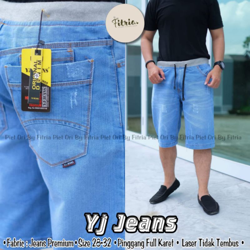 CELANA PENDEK PRIA JEANS RIP PINGGANG KARET KOLOR MELAR