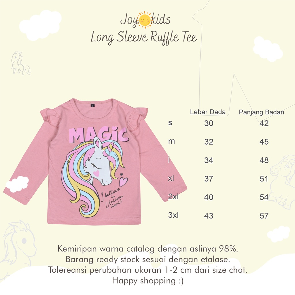 Joy Kids Kaos Atasan Anak Perempuan Lengan Panjang Ruffle Premium Unicorn 1-12 Tahun