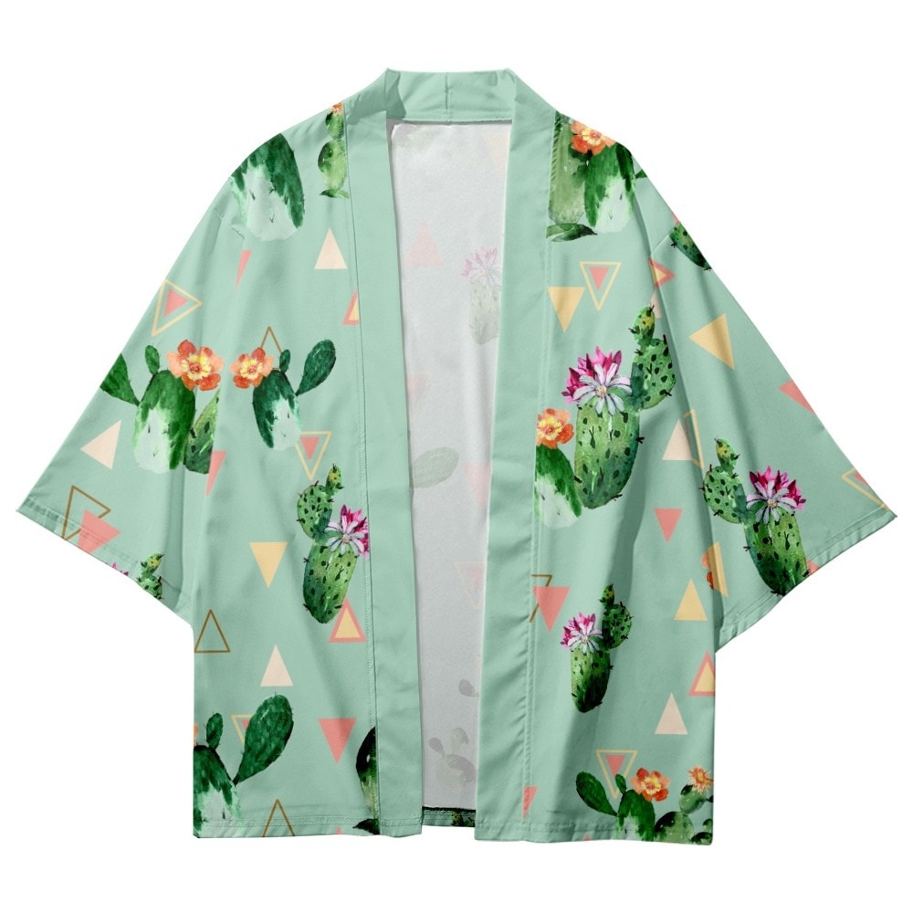 baju Cactus Flower Printed Loose Japanese Kimono Streetwear Cardigan Robe Summer Women Men Haori Top Yukata bisa custom desain