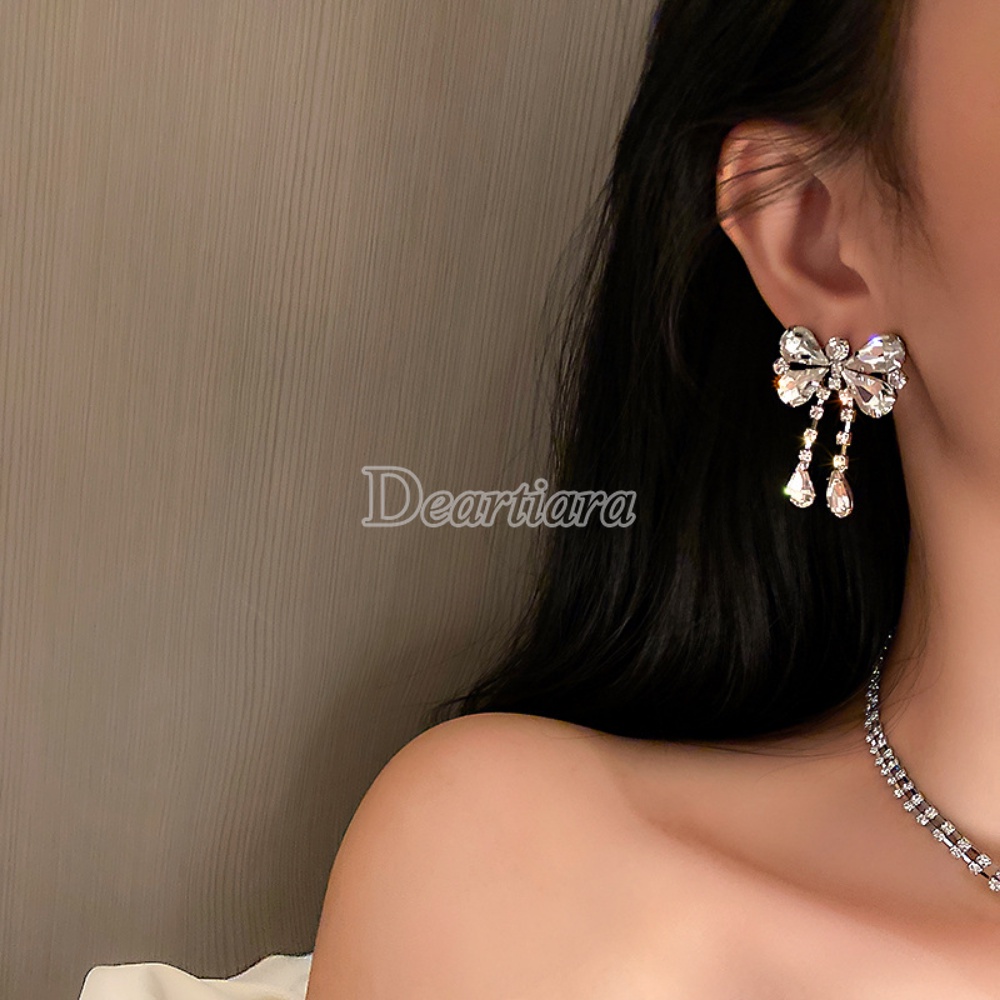 Fashion Kepribadian Berlian Bertatahkan Busur Kalung Anting Set Kepribadian Kalung Penuh Berlian Kalung Wanita