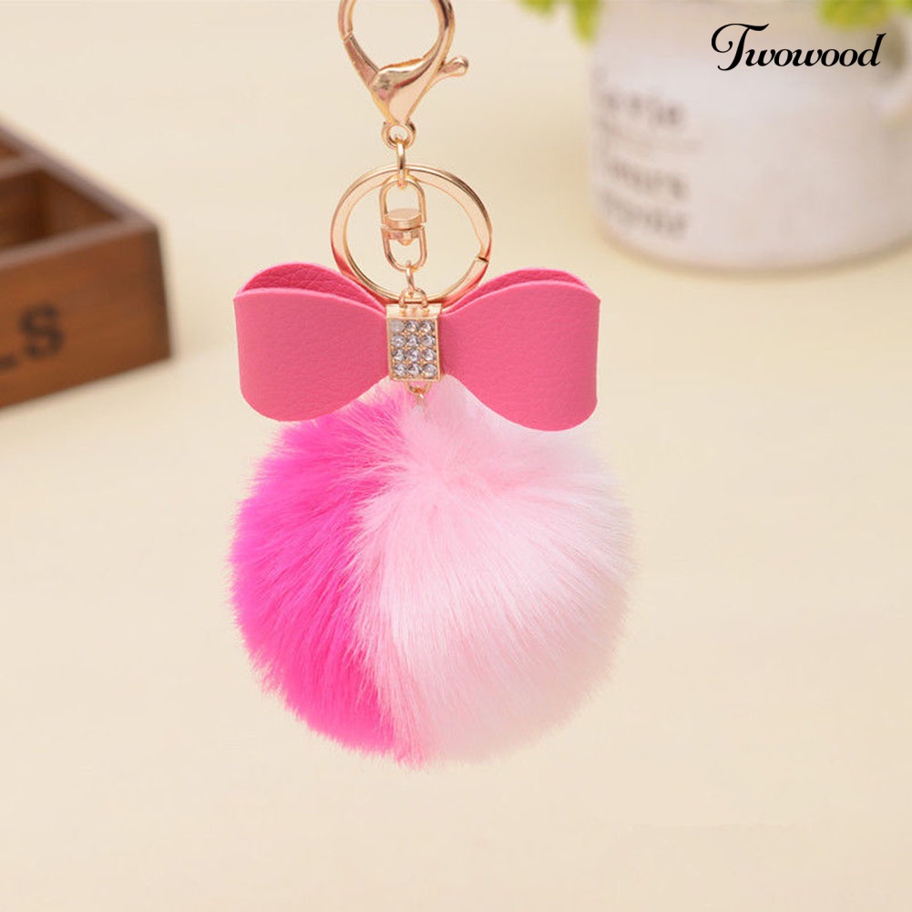 Twowood Faux Rabbit Fur Ball Fluffy Ikatan Simpul Pesona Gantungan Kunci Mobil Handbag Phone Key Ring