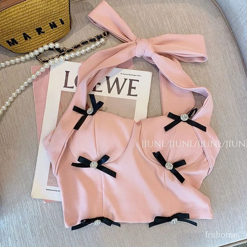 Busur manis pedas menggantung leher pendek atasan pendek wanita senior rasa Prancis 2022 pakaian dal