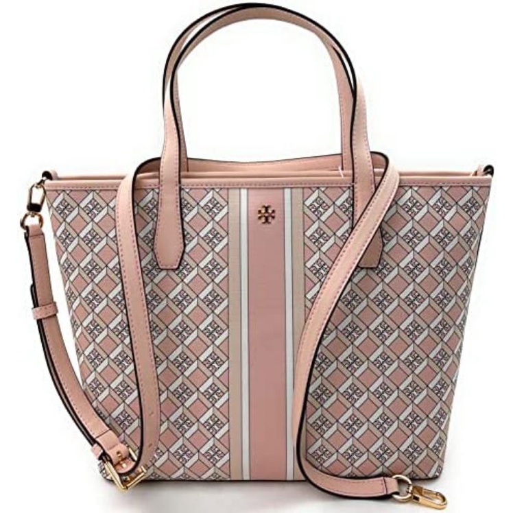 TB Geo Logo Mini Zip Tote Pink Stripe