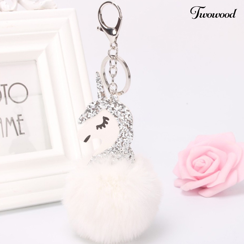 Twowood Lucu Shiny Sequin Unicorn Keychain Faux Fur Ball Keyring Bag Gantung Liontin