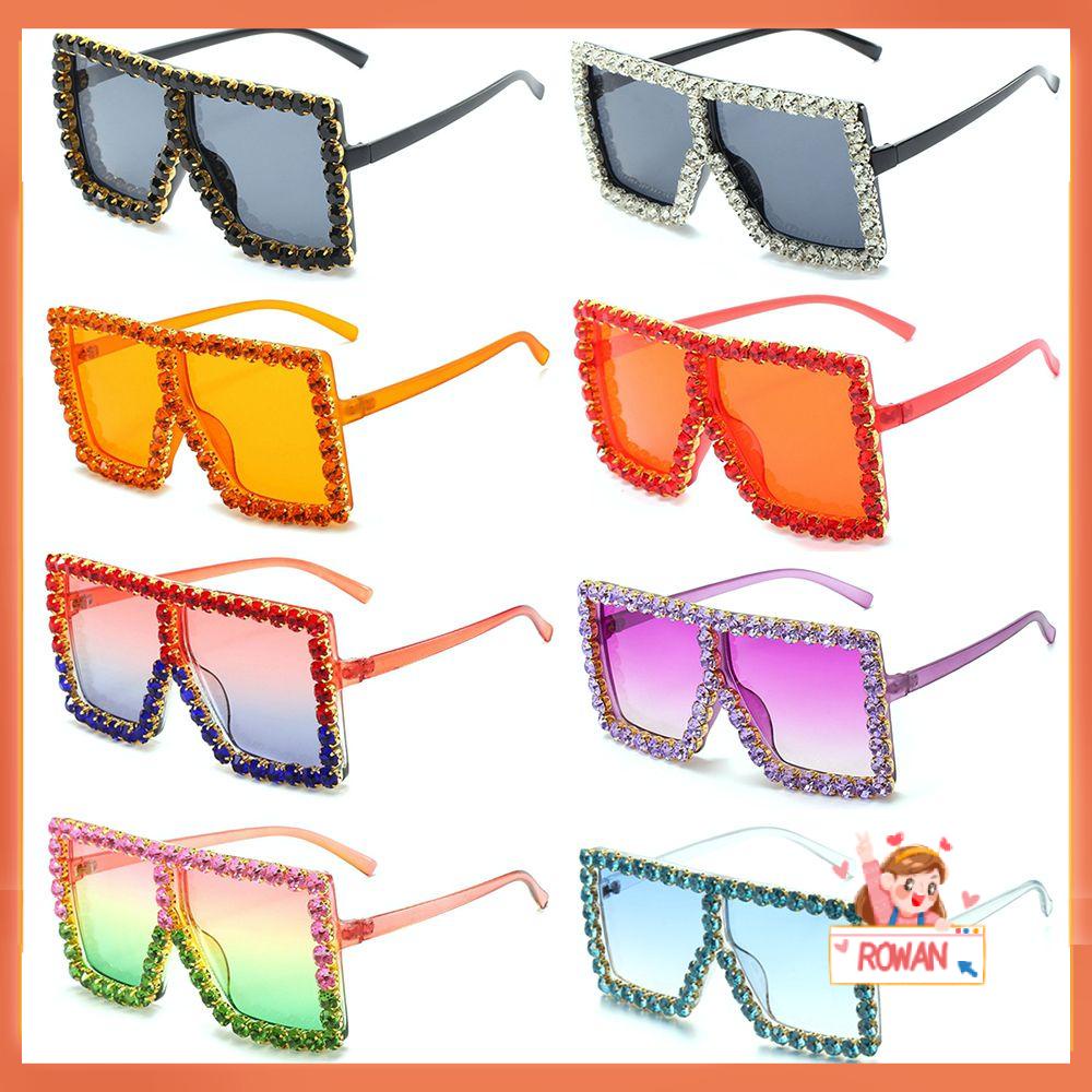 R-flower Square Sunglasses Uv400 Flat Top Wanita Pria Kacamata Berlian Imitasi