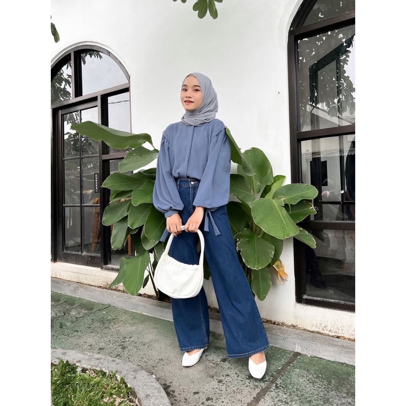 Kemeja Blouse Lengan Tali Aksa Blouse Kancing Depan Crinkle Airflow Premium Kerah Sanghai Allsize OOTD Remaja Dewasa
