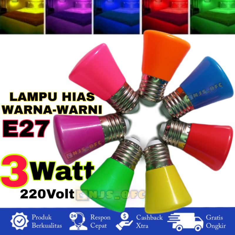 LAMPU WARNA WARNI, 3WATT (E27) 220VOLT AC / LAMPU BOLA WARNA TIPE E27. LAMPU HIAS DEKORASI CAFE / LAMPU TIDUR. MODEL HORICI3WWARNA-E2707