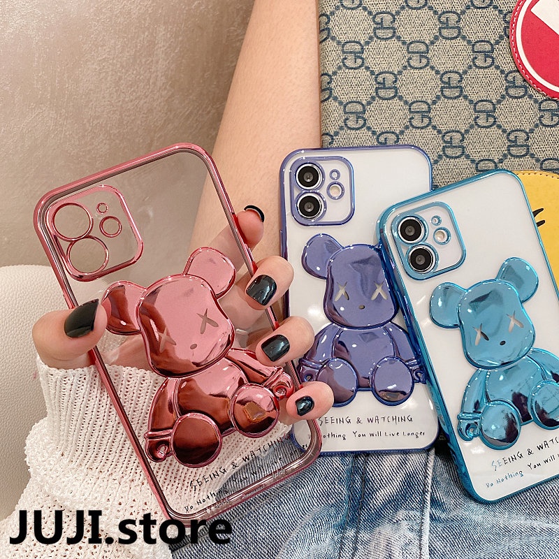 IPHONE Fashion Bear Plating Casing Ponsel Untuk Iphone13Mini12 11 Pro Max XS XR X8 7 6 6S Plus Se2020 Transparan Silikon Full Cover