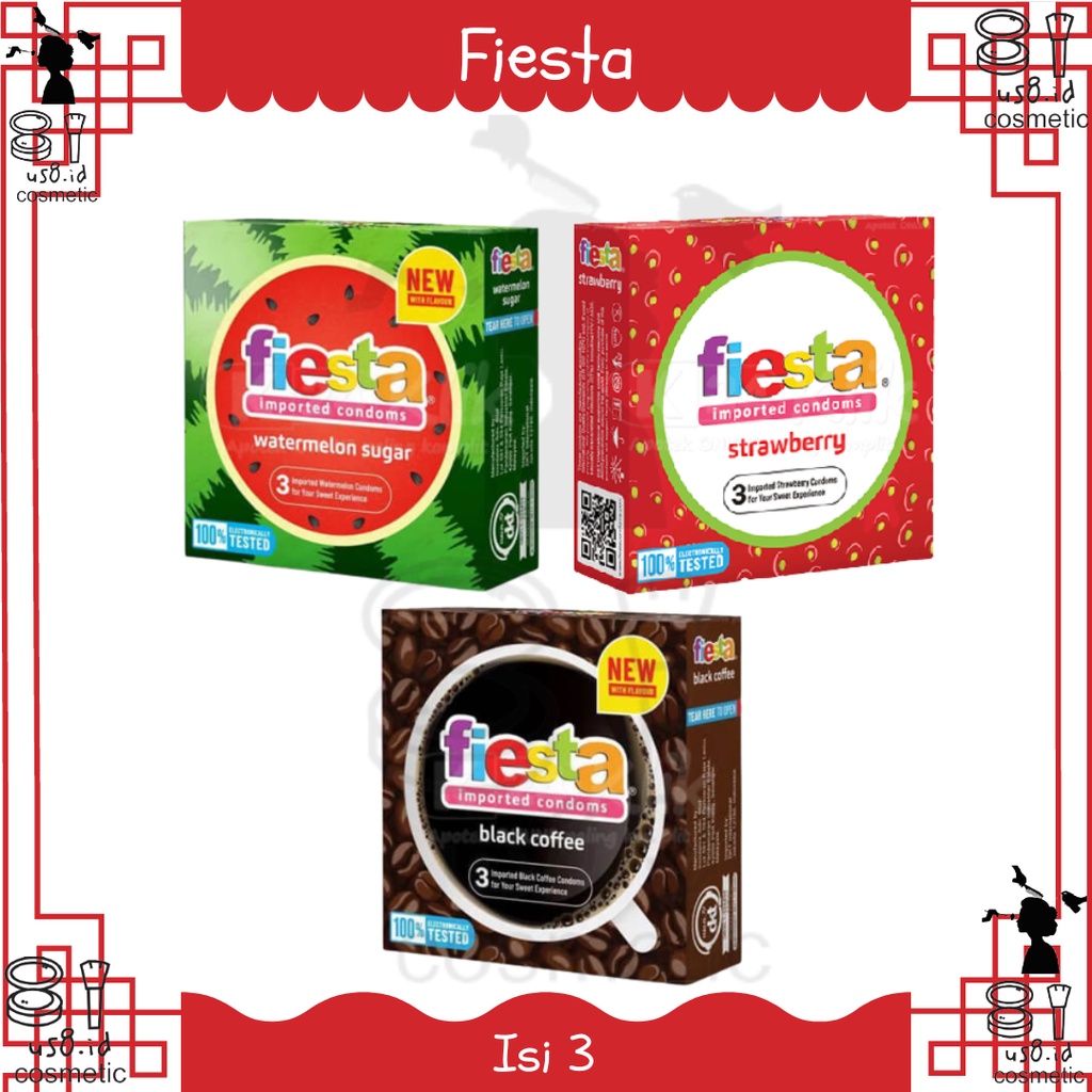 Kondom Fiesta isi 3 Pcs Kondom Tahan Lama All Varian / Kondom fiesta / Delay / Max dotted / Strawberry / ultra thin / Ultra safe / Banana / Durian