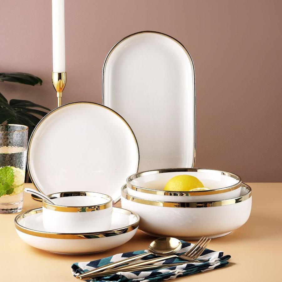 New Products ASHOME Piring Makan Keramik Putih Gold / Piring Putih Keramik List Gold / Mangkuk Keram