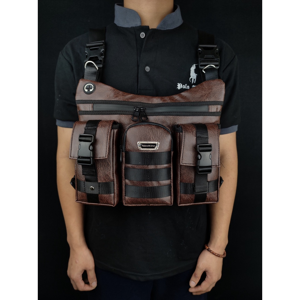 2 FUNGSI Tas dada &amp; Tas Selempang Original Polo Amstar Bahan PU Leather premium Tas Pria Chest Bag Chest Rig Bag Tas Rompi Tas Terbaru Tas Selempang Pria