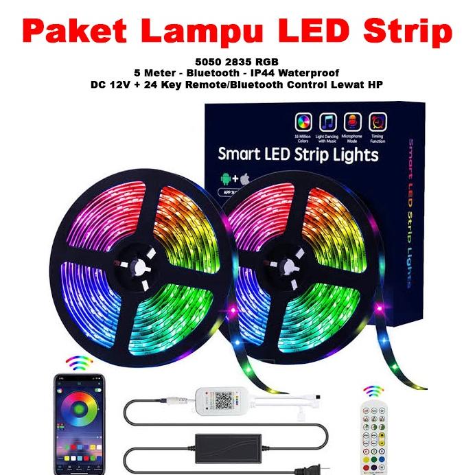 [ Pplus ] PAKET LAMPU LED STRIP 5050  2835 RGB 5M SENSOR MUSIK BLUETOOTH /  IP44  RGB REMOTE LAMPU H
