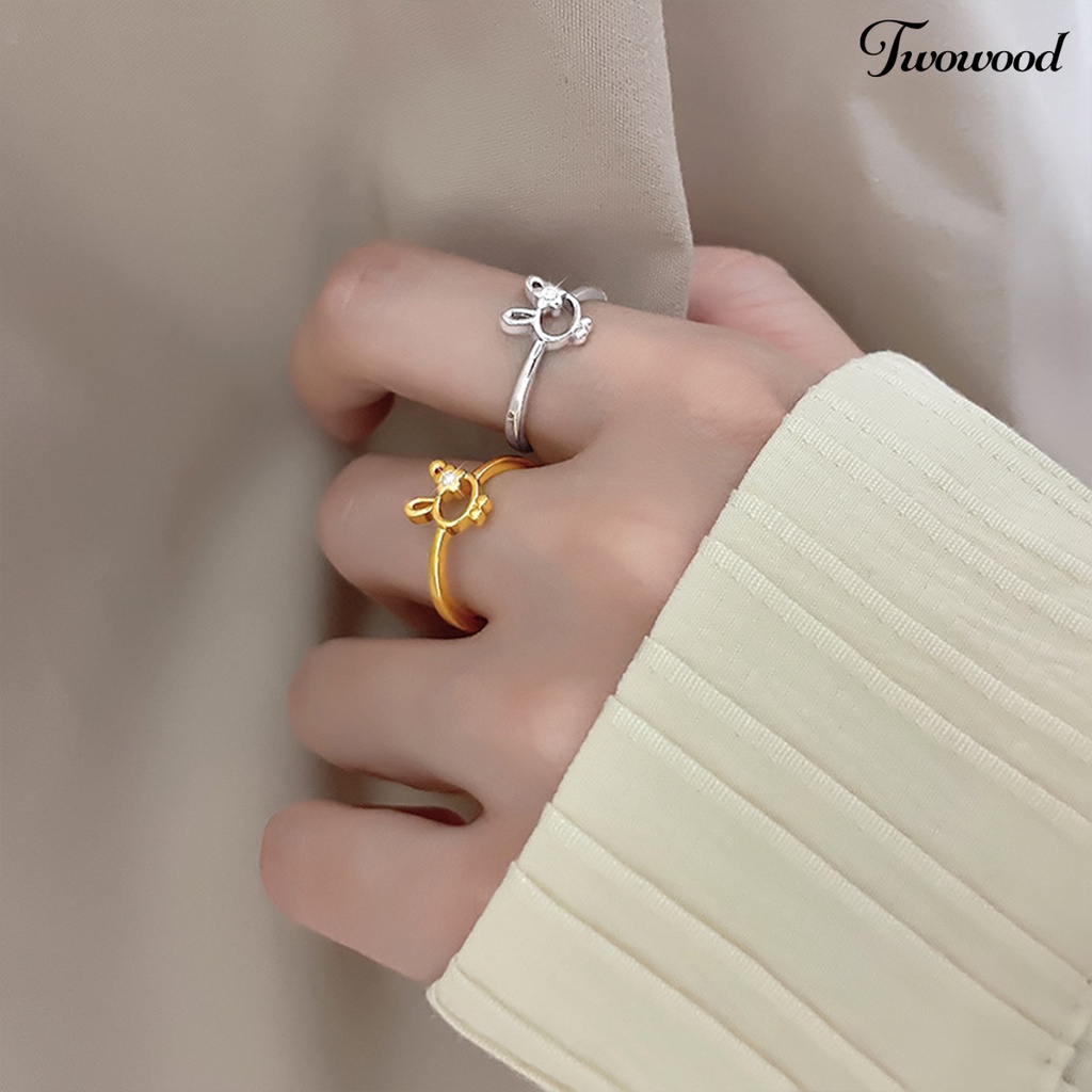 Twowood Wanita Cincin Manis All-match Aksesoris Fashion Open-end Cute Rabbit Flower Rhinestone Ring Untuk Pakaian Sehari-Hari