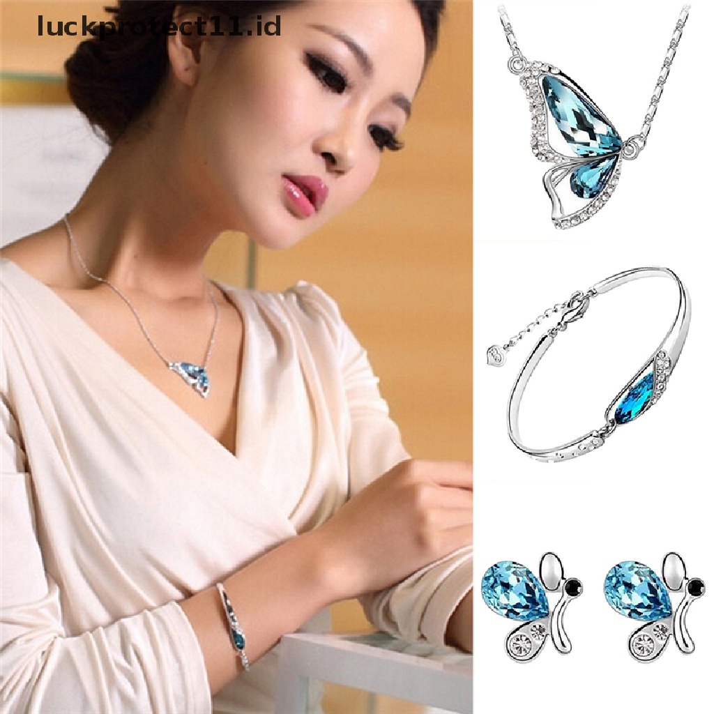 /Fashion Hot// Fashion// Baru Kupu-Kupu Set Perhiasan Kalung+Anting+Gelang Kristal Set Fashion.