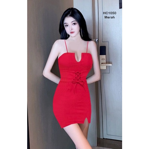 HC1050 Minidress Tali Depan Cotton Stretch Premium / Mini Dres Seksi / Dress Mini Sexy / Dress Pendek