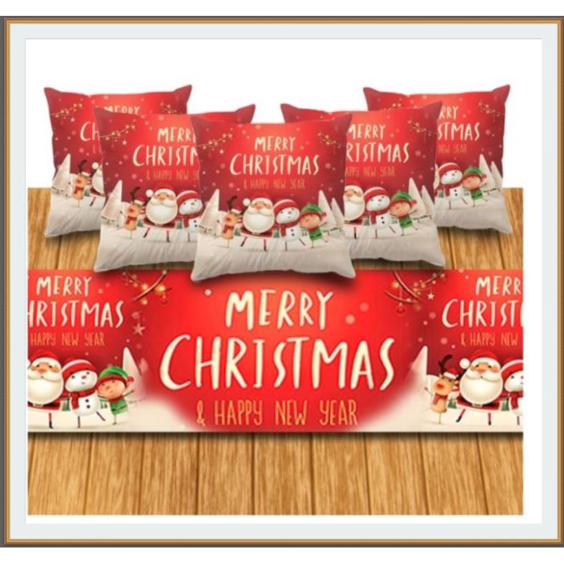 5 Sarung Bantal Sofa dan 1 Taplak Meja Motif Christmas Dekorasi Ruangan Lucu Natal