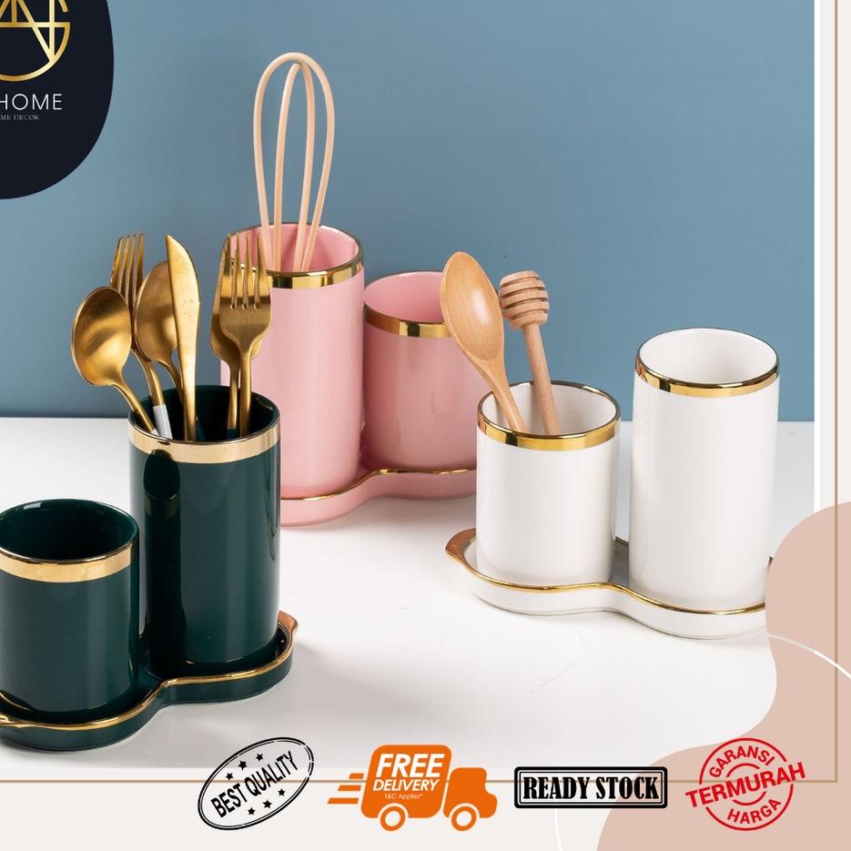 Paling Diminati ASHOME Set Tempat Sendok Keramik dengan 2 Tabung List Gold Berbagai Warna / Tempat S