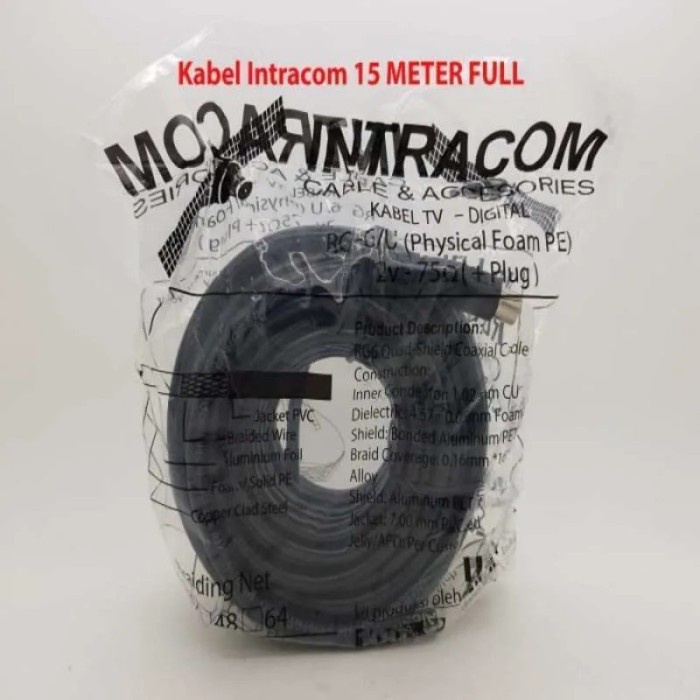Kabel Antena Tv Digital Analog INTRACOM RG6 C5 Panjang 15 Meter Original