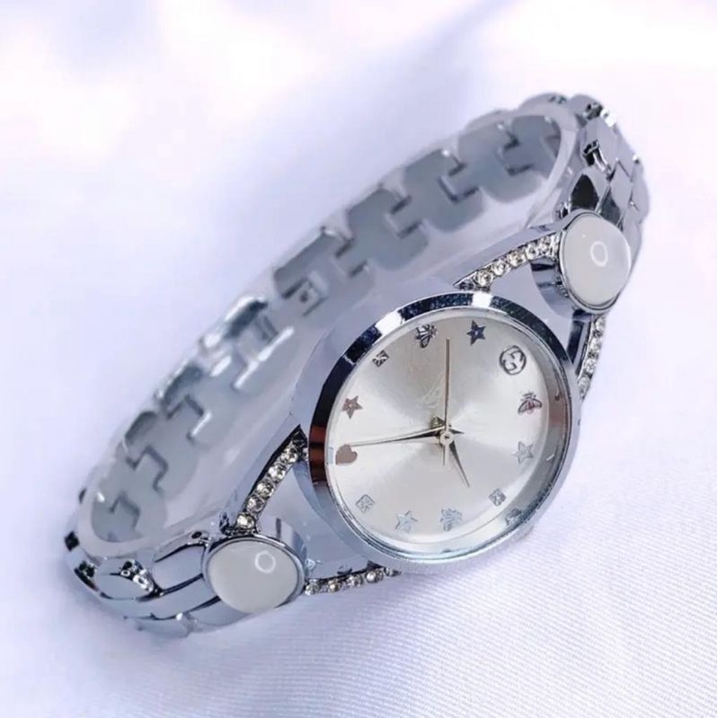 (Cod)Jam Tangan Wanita Fashion Batu Bulat Putih Jarum Strap Rantai/Stell(Dikirim Jakarta)