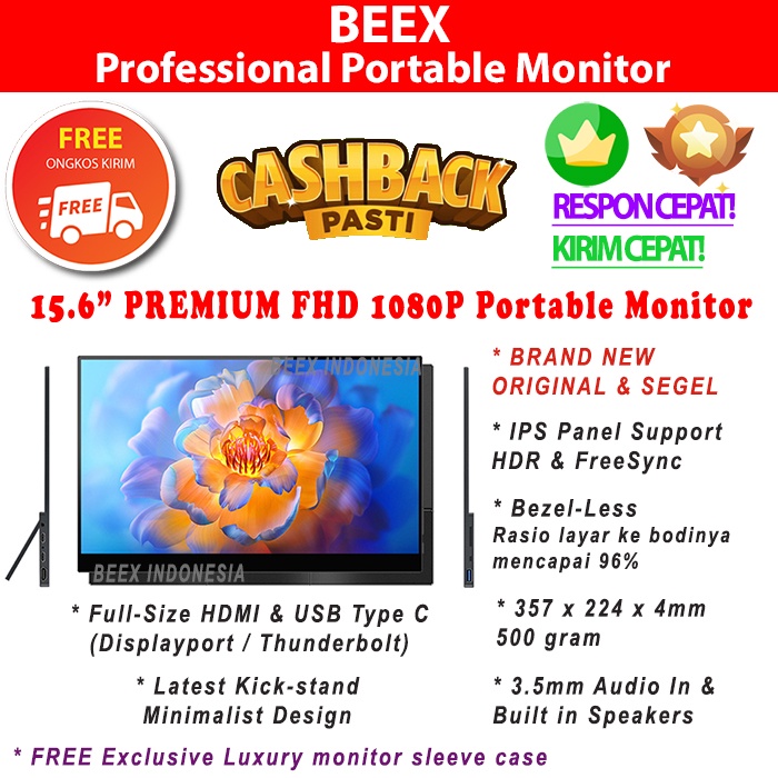BeeX.ID 15.6&quot; Full HD Portable Gaming Monitor Cable PS4 Nintendo Switch