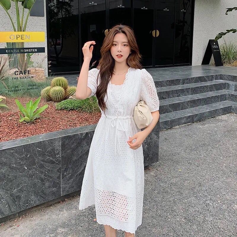 Embroidery Cotton Dress Midi Korean Style - Dress Pesta Katun Bordir