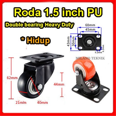 Roda PU 1.5 inch + Double Bearing (1set:2H+2Mati) caster Troli 1.5&quot;