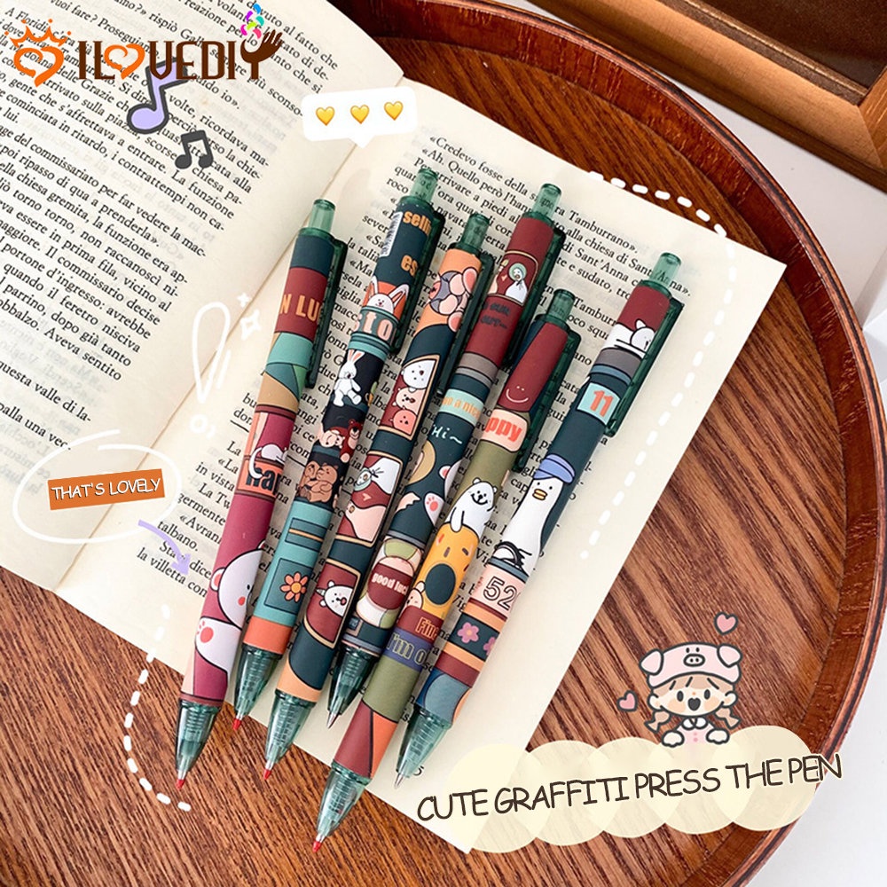 0.5mm Happy Bus Kartun Kreatif Tekan Pena Netral Kawaii Hitam Press Pen Lucu Graffiti Press Pen Perlengkapan Sekolah Alat Tulis Kantor