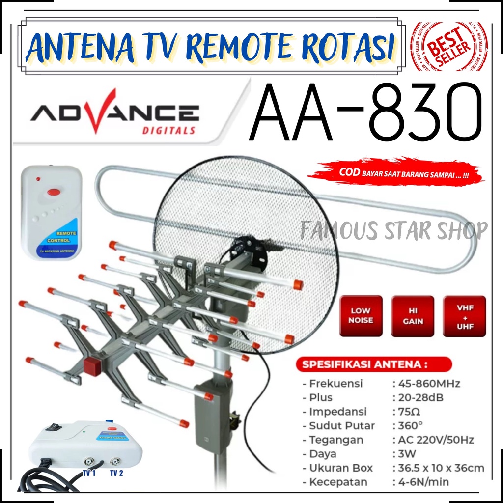 Antena TV Digital Advance AA-830 / Antena Remote Digital | Antena TV Remot Advance AA 830 Model Parabola Full HD rotasi 360° plus Booster , remot | Antena TV Outdoor Advance Antenna Remote AA-830 | FMS