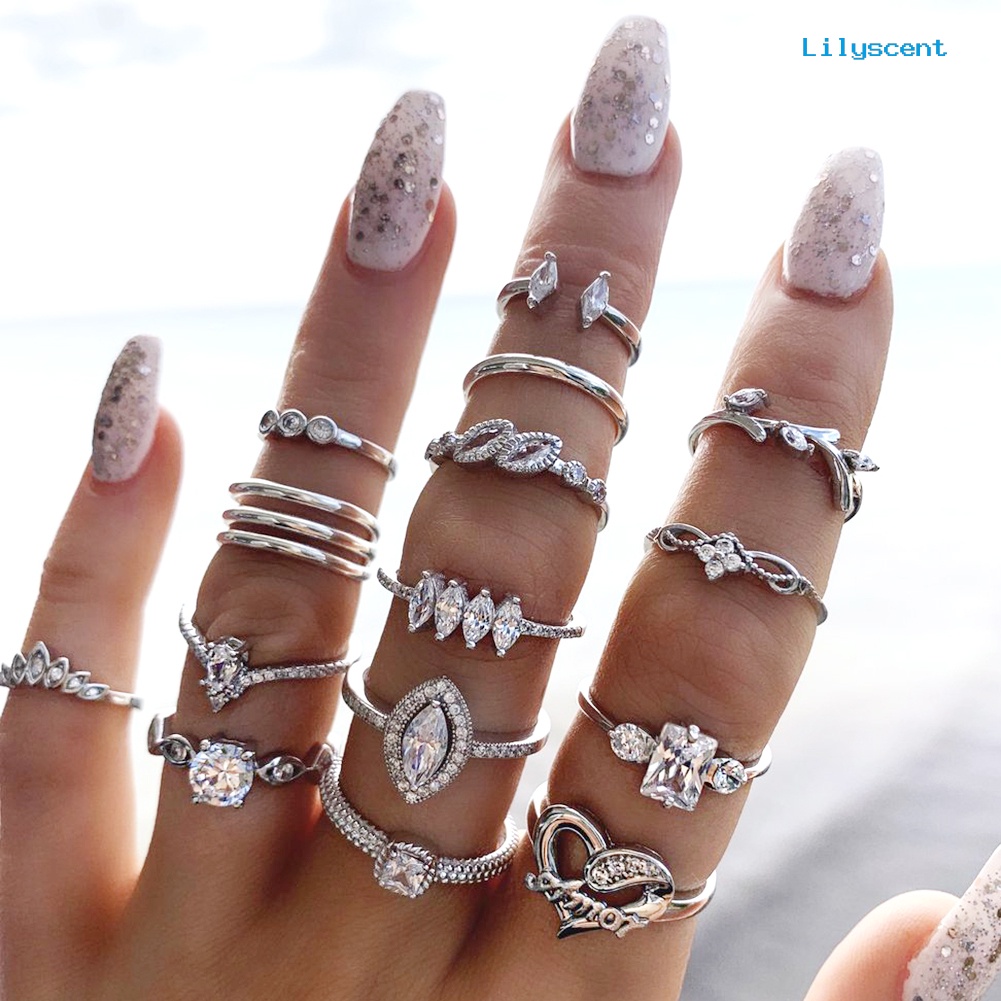 [LS]15Pcs /Set Wanita Bohemian Buatan Batu Permata Berlian Imitasi Jari Cincin Perhiasan Hadiah