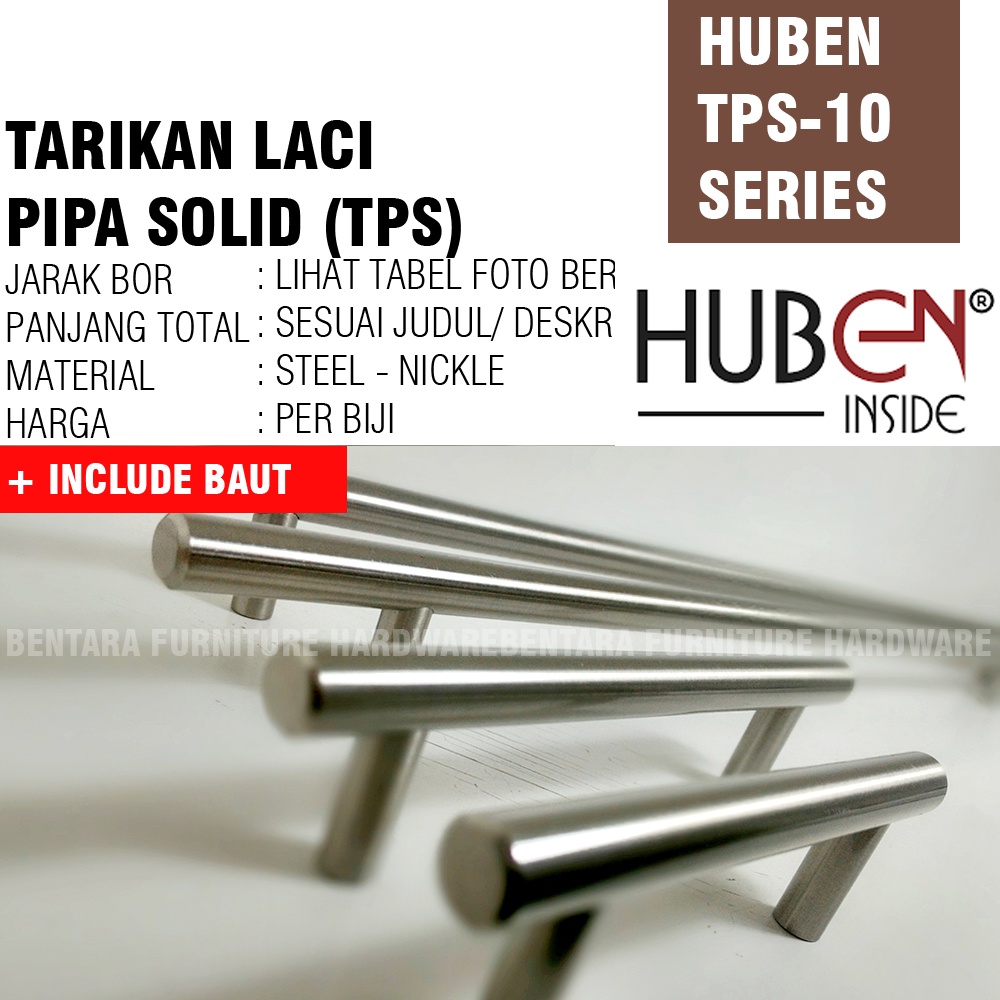 Huben TPS-10 400 MM - Handle Tarikan Pipa Solid Laci Meja Lemari Kabinet Gagang Pintu Minimalis Brush Nickel Steel Baja ( 32 - 40 )