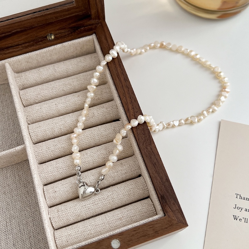 Roselife Vintage Baroque Pearl Beads Choker Perak Magnetik Jantung Pesona Pendek Kalung Untuk Wanita Gadis Elegan Tulang Selangka Rantai Kalung Pertunangan Makan Pesta Perhiasan