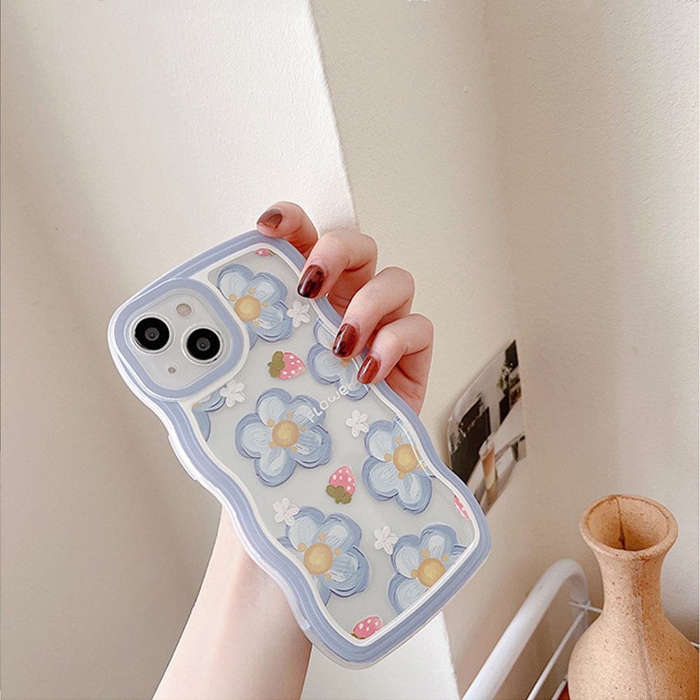 Oppo A17 A16 A57 2022 A77S A15 A16K A54 A53 A12 A5S A7 A3S A11k A31 A52 A92 A94 A93 A37 F9 A1K A76 Bunga Strawberry Tepi Gelombang TPU Phone Case Cover KAIJIE