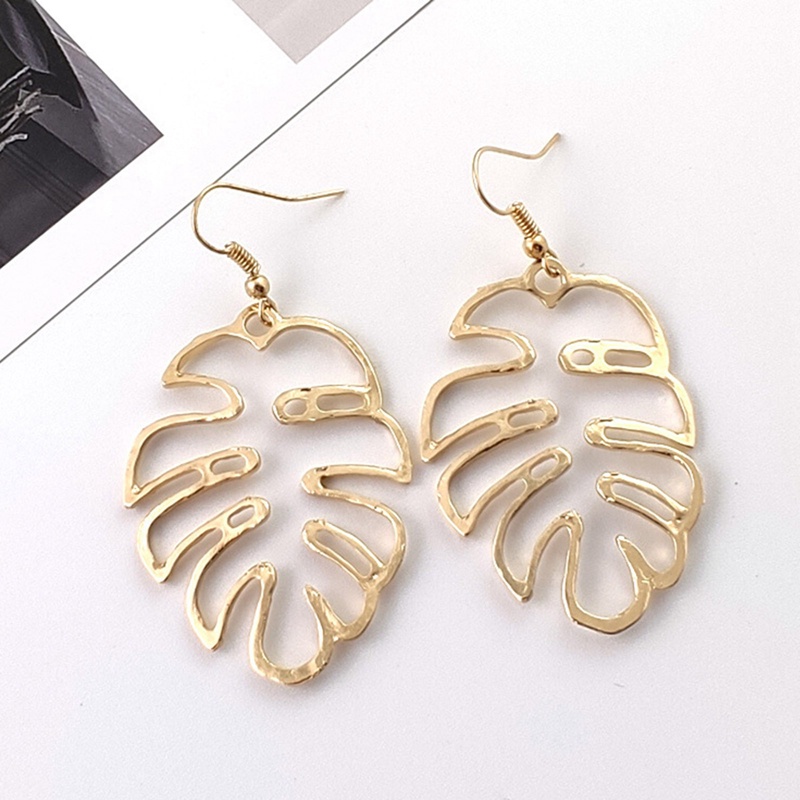 Fancyqube Anting Daun Palem Monstera Besar Garis Emas Menjuntai Anting Bohemian Musim Panas Festvial Perhiasan Untuk Wanita Perempuan