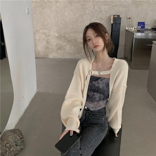 Suhao setelan jas one-piece gesper longgar lengan panjang jaket sweater wanita gaya Korea gaya asing selendang pendek jaket cardigan kecil trendi