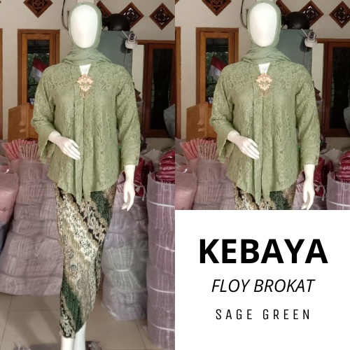 Setelan Kebaya Modern Floy Lace , Kebaya Kutubaru Brokat Sage Green Set Kebaya dan Rok Batik
