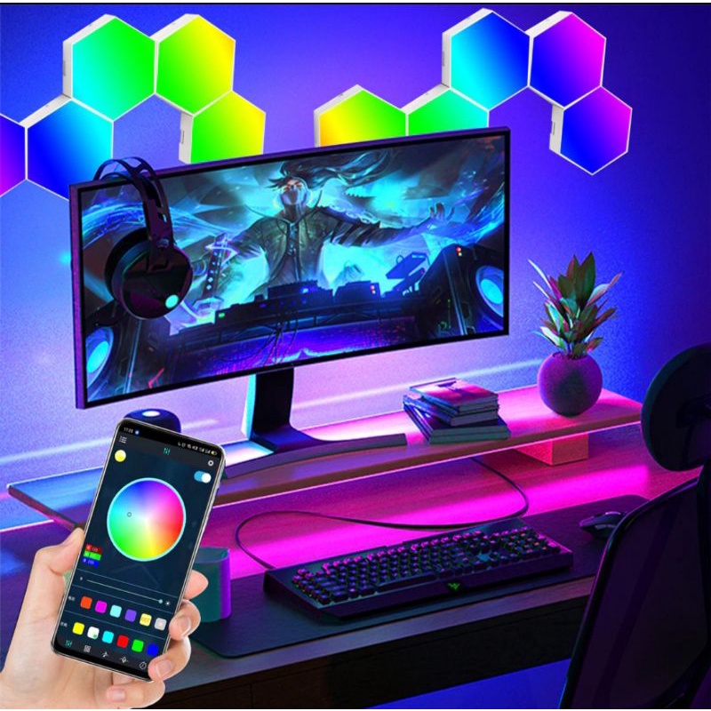 Yabstrip Lampu Dekorasi Hexagonal LED RGB TOUCH/Sentuh App Control 3 PICS Hiasan dinding aesthetic L