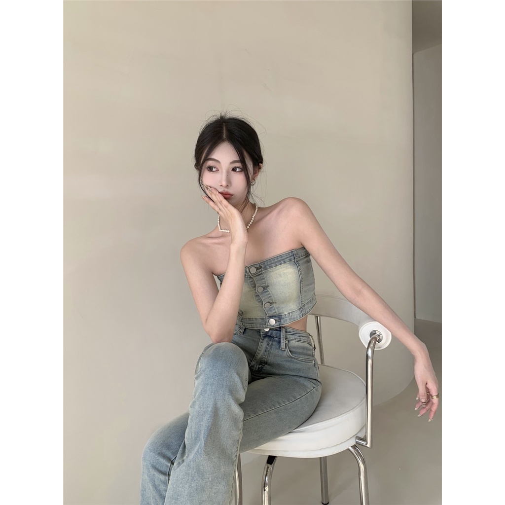 ┋▧Suhao hot girl anti-light beauty back denim tube top women s summer sexy strapless short vest top outerwear wrapping chest