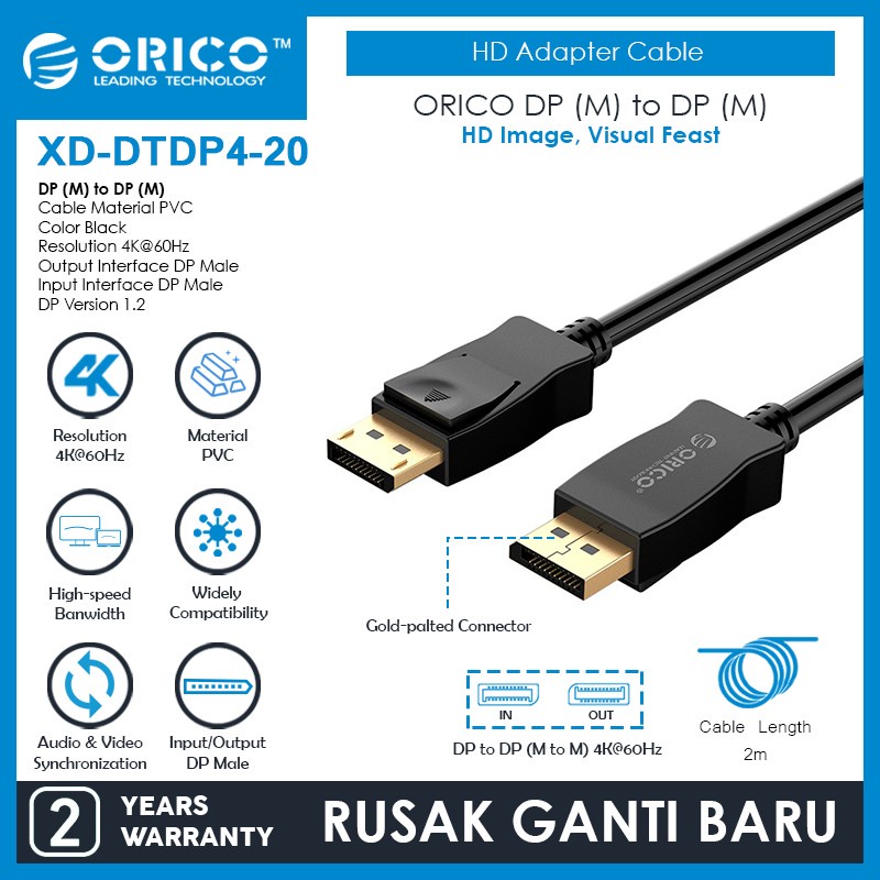 Display port to displayport cable orico 2m 4k 2k 60Hz gold for pc cpu Xd-dtdp4-20 - Kabel dp male-male 2 meter