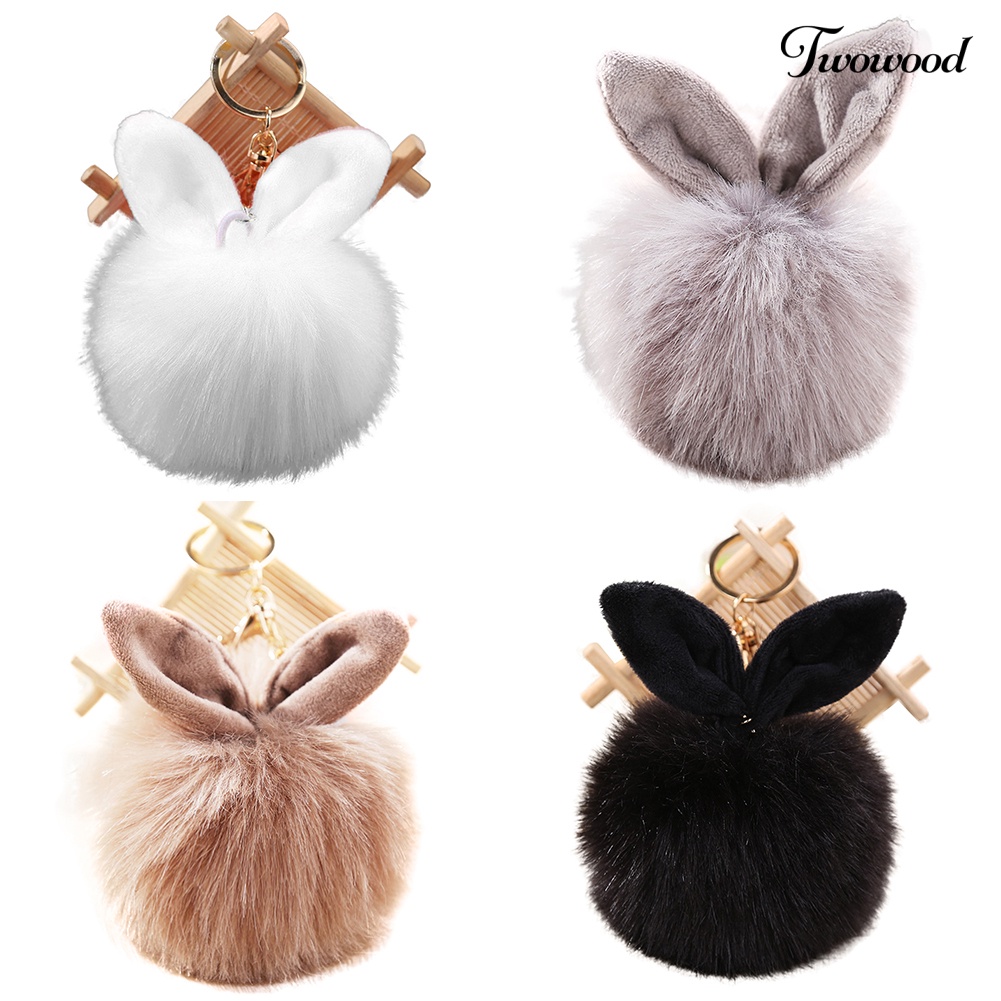 Twowood Cute Faux Fur Rabbit Ear Lembut Pom Pom Ball Kunci Gantungan Rantai Keychain Tas Decor