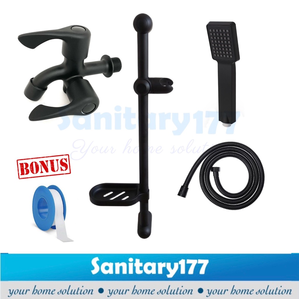 Paket Bundling Shower Tiang Stainless HITAM kotak 121 dan kran cabang black stainless - Tiang sower minimalis segi