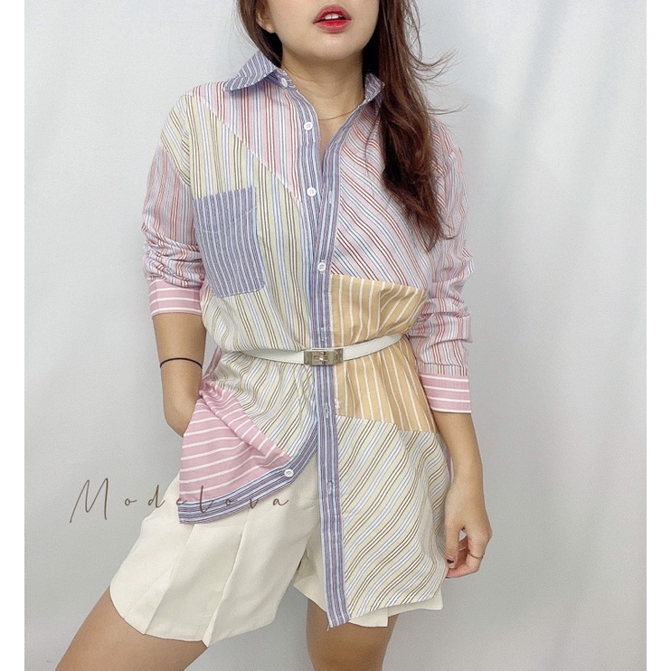 MDLV ~ 2480# Astella Patchwork Striped Shirt Kemeja Salur Import