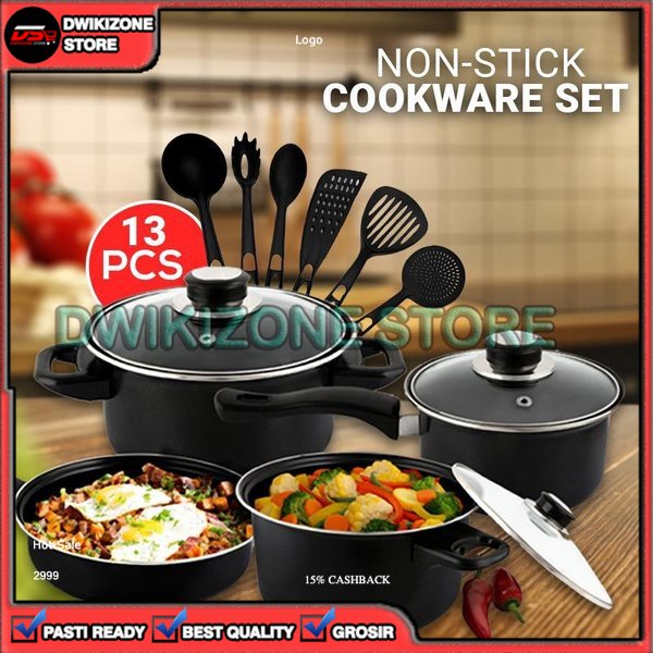 [GROSIR] PANCI WAJAN COOKWARE SET 13PCS HITAM PERALATAN DAPUR SET SUTIL SPATULA