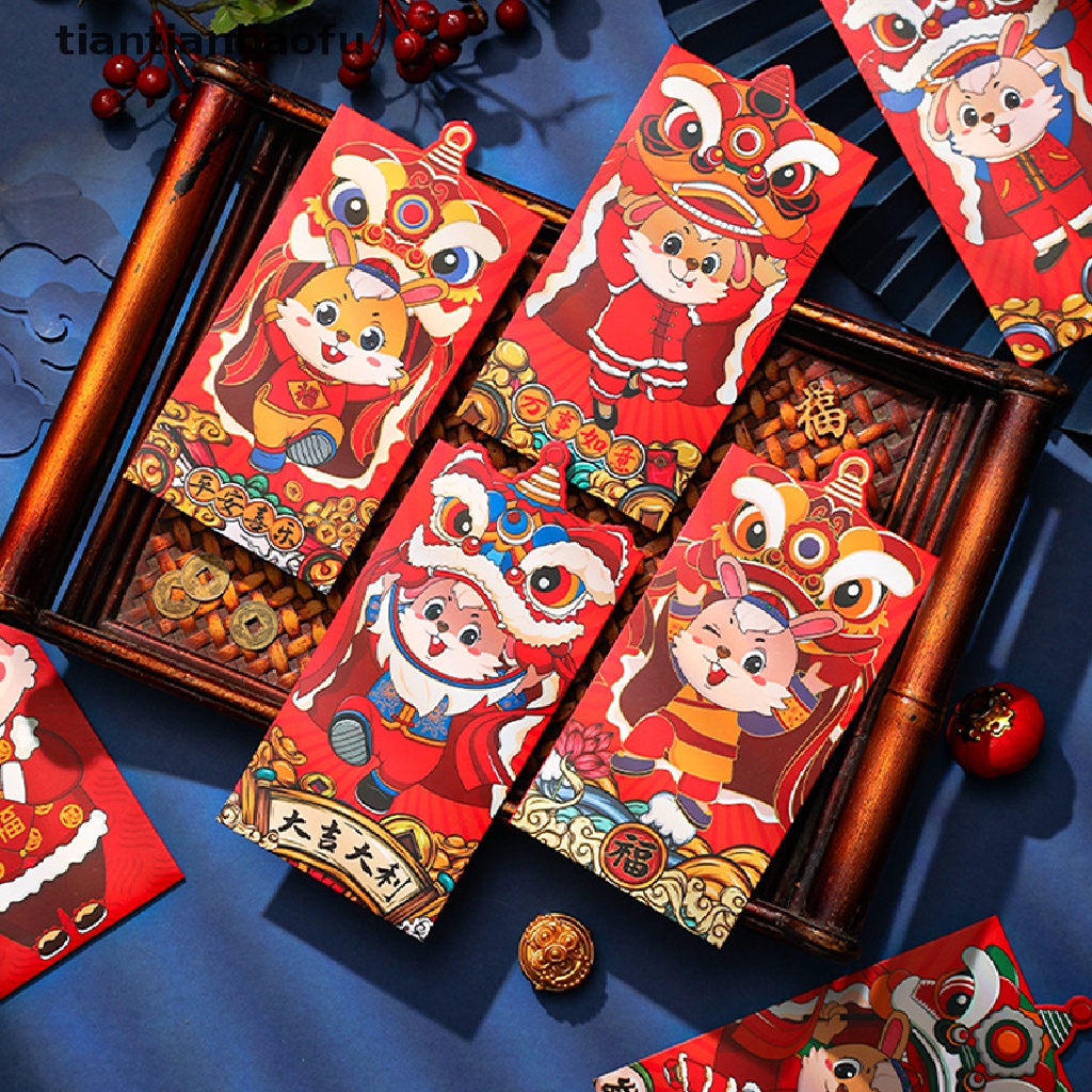 [tiantianbaofu] 6 Pcs Amplop Merah Imlek Amplop Merah Kantong Merah Chinese Red Packets Hong Bao Amplop Uang Keberuntungan Butik