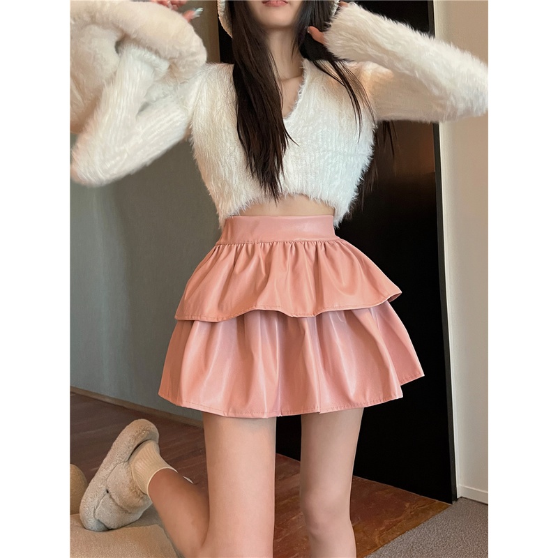 ❍☃Suhao hot girl black pu leather skirt skirt female autumn 2022 new high waist ruffled sexy cake fluffy skirt