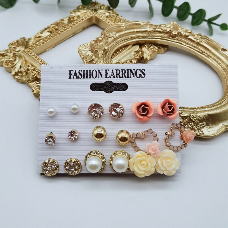 Fancyqube 9pasang/Set Anting Pejantan Bunga Mawar Wanita Anting Bunga Kristal Mutiara Elegan Temperamen Stud Earrings Jewelry