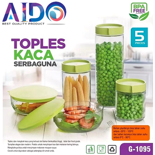 Toples Kaca Set Penyimpanan Makanan / Toples Kaca Set 5 pcs + Tutup Serbaguna 1095 TOPLES KACA MANGKOK KACA LEBARAN